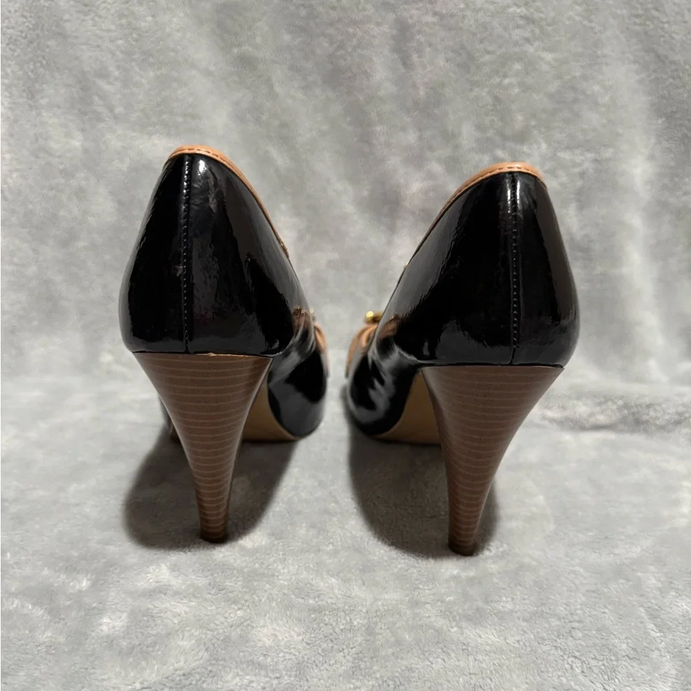 Black and Tan Peep Toe Heels - Picture 3 of 8